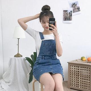 Distressed Washed Denim Mini Overall Dress