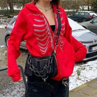 Oversized Rhinestone Ribcage Motif Zip Hoodie