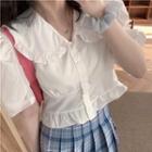 Short-sleeve Ruffle Blouse / Plaid Mini Pleated Skirt