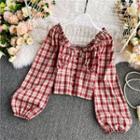 Ruffled Plaid Balloon-sleeve Blouse