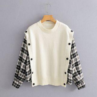 Mock Two-piece Plaid Panel Long-sleeve Knit Top