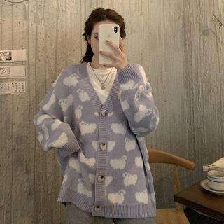 Sheep Print Cardigan Purple - One Size