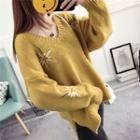 V-neck Embroidered Long-sleeve Knit Sweater