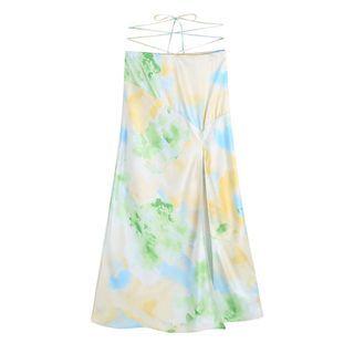 High-waist Tie-strap Slit Print Skirt