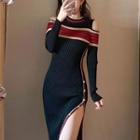 Cold-shoulder Striped Knit Slit Midi Sheath Dress