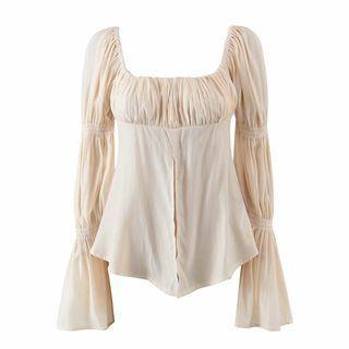 Bell-sleeve Squared-neck Ruched Top