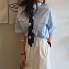 Elbow-sleeve Shirt / Flower Print Tie / Buttoned Midi Skirt / Set