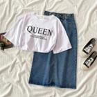 Short-sleeve Lettering T-shirt / Denim Midi A-line Skirt