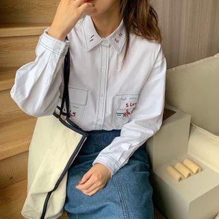 Contrast Stitching Embroidered Shirt White - One Size