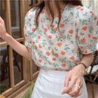 Puff-sleeve Floral Blouse / Pleated Midi A-line Skirt