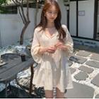 Long-sleeve Tie-neck Mini A-line Dress Beige Almond - One Size