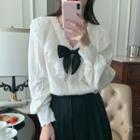 V-neck Bow Accent Lace Blouse White - One Size