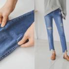 Cutout Distressed Washed Slim-fit Jeans
