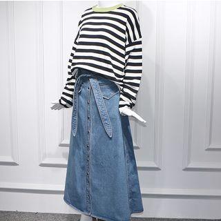 Striped Long-sleeve Oversize T-shirt / Denim Midi A-line Skirt