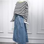 Striped Long-sleeve Oversize T-shirt / Denim Midi A-line Skirt