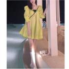 Elbow-sleeve Bow Accent A-line Dress Green - One Size