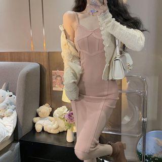 Lace Trim Cardigan / Spaghetti Strap Midi Bodycon Dress