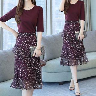 Set: Elbow-sleeve T-shirt + Printed Midi Mermaid Skirt
