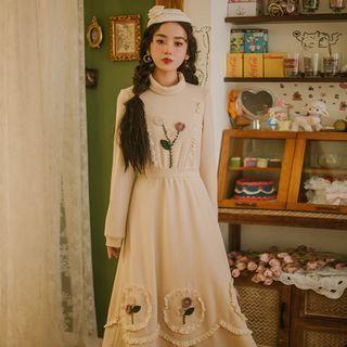 Long-sleeve Floral Embroidered Knit Midi A-line Dress