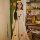 Long-sleeve Floral Embroidered Knit Midi A-line Dress