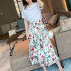 Set: Short-sleeve T-shirt + Floral A-line Ruffled Midi Skirt