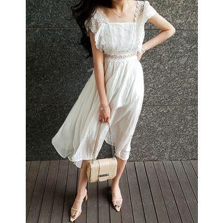 Square-neck Lace-detail Midi Dress With Sash