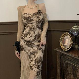 Long-sleeve Cold Shoulder Floral Print Midi Mermaid Dress