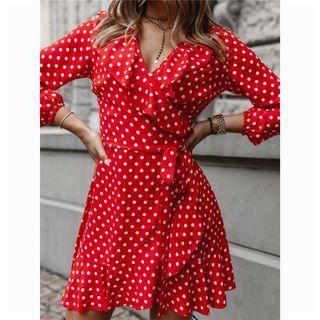 V-neck Long-sleeve Dotted A-line Mini Dress