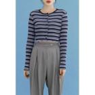 Lettuce-hem Cropped Stripe Cardigan Navy Blue - One Size