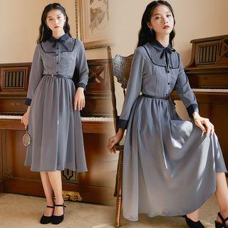 Belted Ribbed Panel Bow Midi A-line Shirtdress