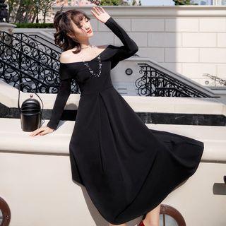 Long-sleeve Off Shoulder Frill-trim A-line Midi Dress