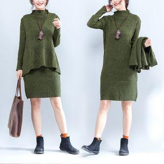 Set: Mock Neck Long Sleeve Knit Dress + Knit Vest