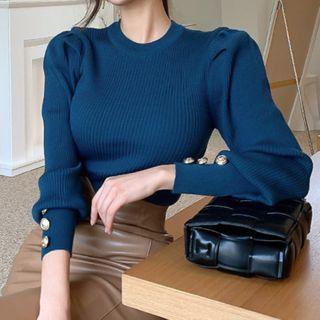 Long-sleeve Knit Top Blue - One Size