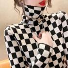 Turtleneck Checkerboard Knit Top Black - One Size