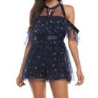 Cold-shoulder Floral Print Mesh Romper