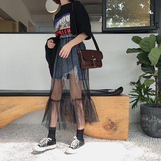 Mesh Inset Denim Skirt