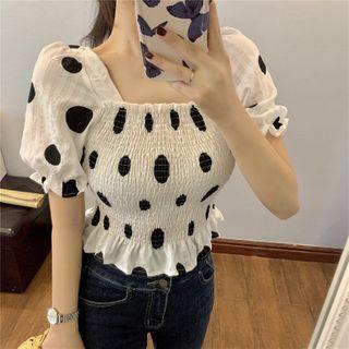 Dotted Puff-sleeve Square-neck Cropped Top
