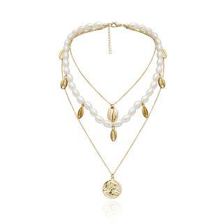 Faux Pearl Alloy Coin Pendant Layered Necklace
