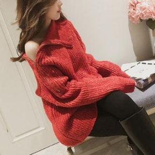Mock-turtleneck Side-zip Ribbed Sweater