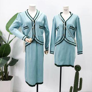 Set: Contrast-trim Light Knit Cardigan + Skirt
