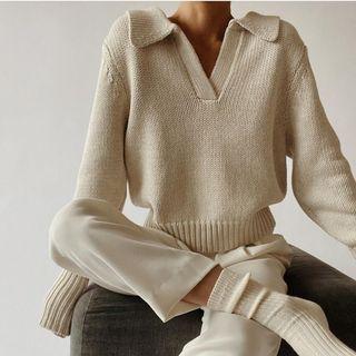 Long-sleeve V-neck Plain Knit Collared Sweater
