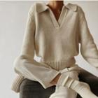 Long-sleeve V-neck Plain Knit Collared Sweater