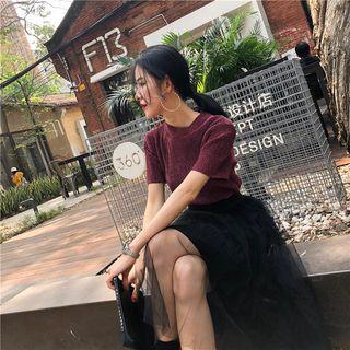 Short-sleeve Top / Sheer Panel Midi Skirt