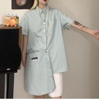 Set: Short-sleeve Plaid Shirt + Crossbody Bag