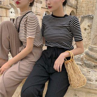 Striped Short-sleeve Knit Top / High Waist Wide-leg Pants