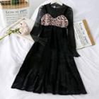 Set: Mesh Top + Leopard-print Sleeveless Velvet Dress Black - One Size