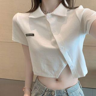 Short-sleeve Collared Asymmetrical Button-up Crop Top