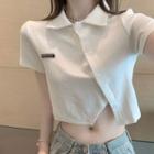 Short-sleeve Collared Asymmetrical Button-up Crop Top