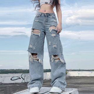 Low Waist Distressed Wide-leg Jeans