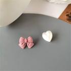 Bow Heart Asymmetrical Resin Earring 1 Pair - S925 Silver - Pink & White - One Size
